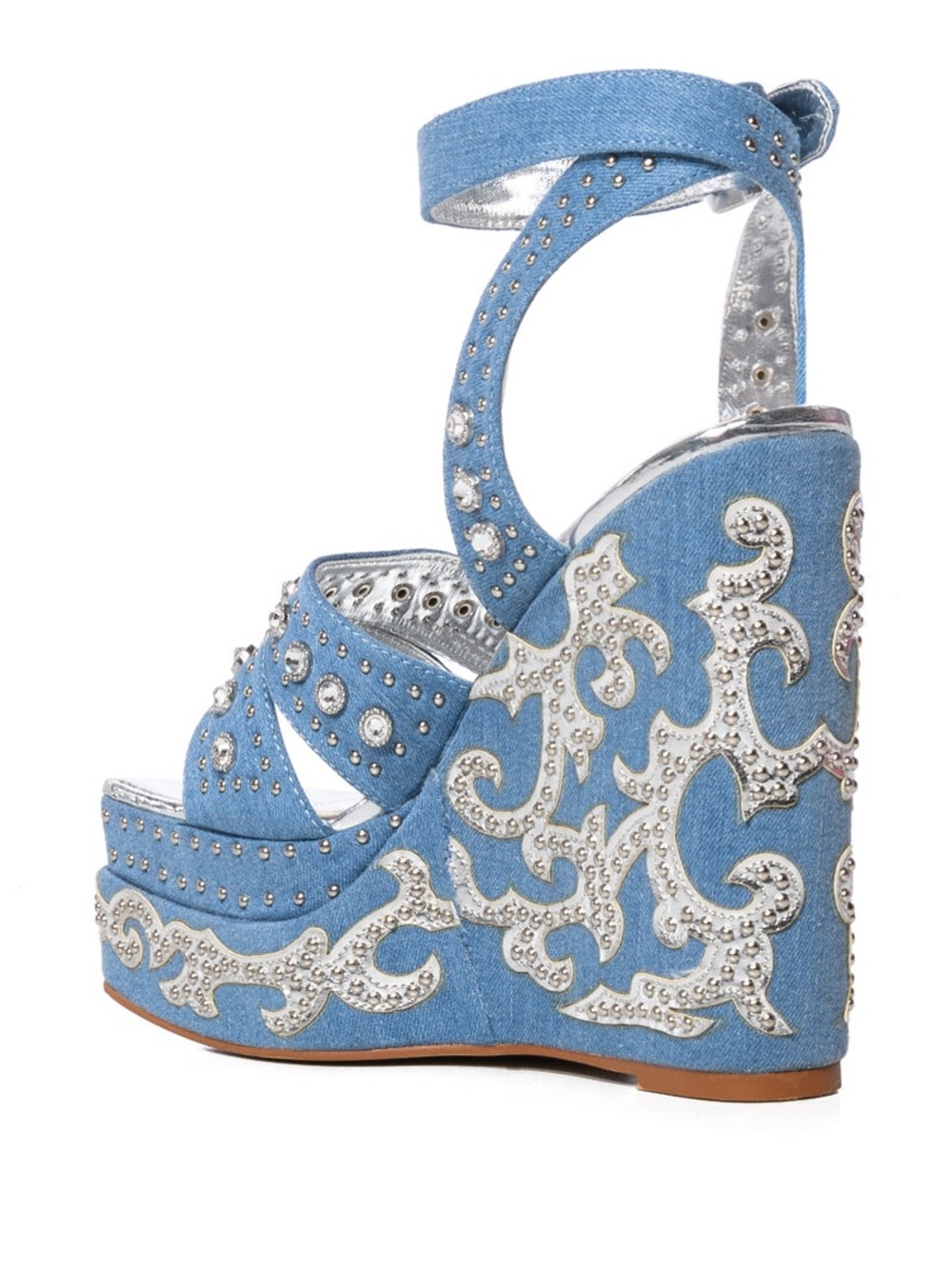 AKIRA Azalea Wang Nutmeg Embellished Denim Wedge Sandals Size 8, NEVER WORN - Picture 4 of 8